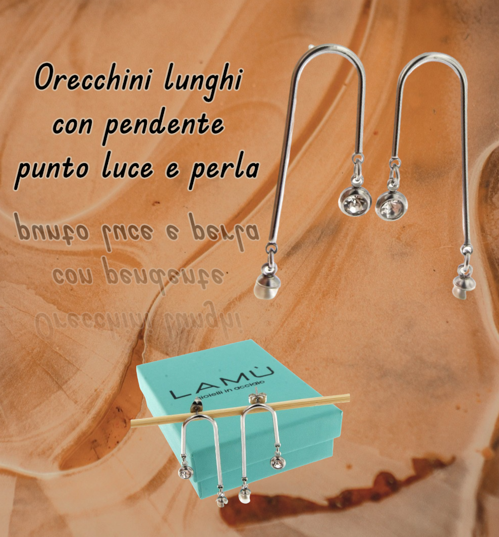 Orecchini lunghi con pendente punto luce e perla